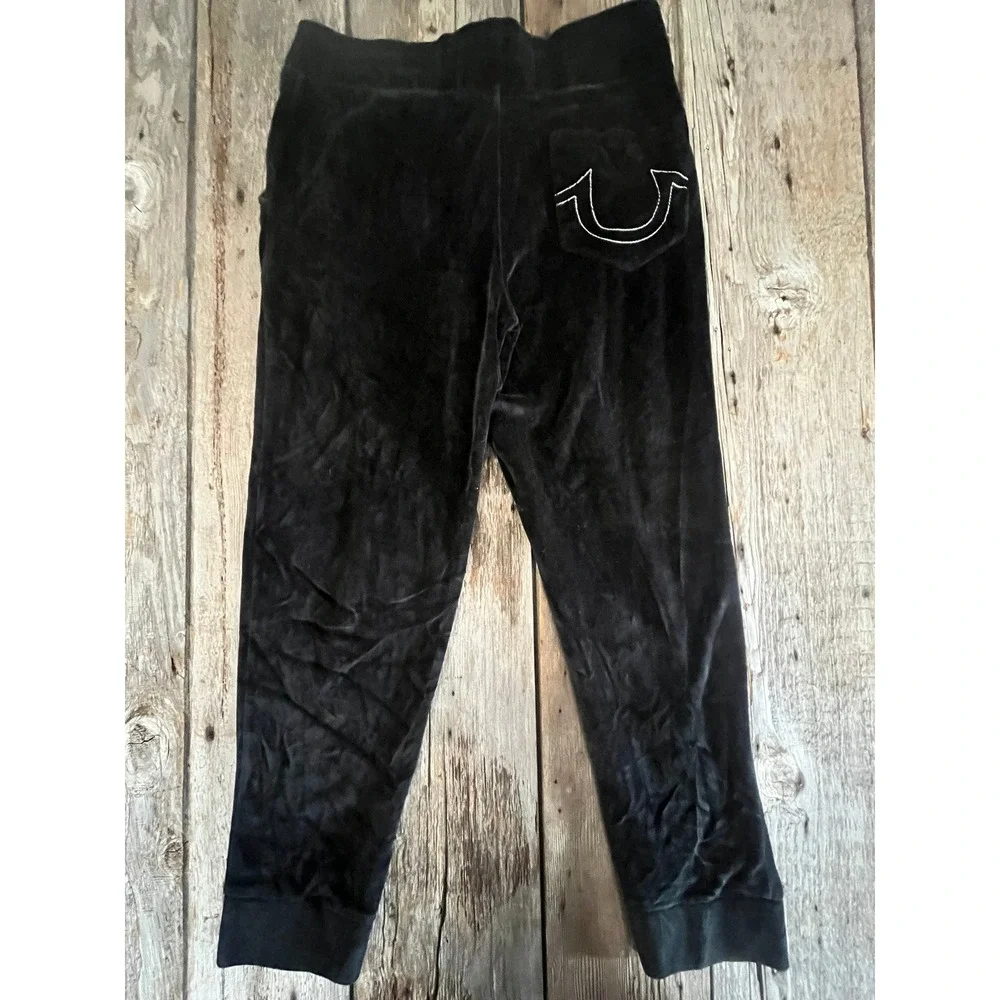 True Religion Mens Velour Jogger Sweatpants Black Gold Horseshoe Logo 101383 S